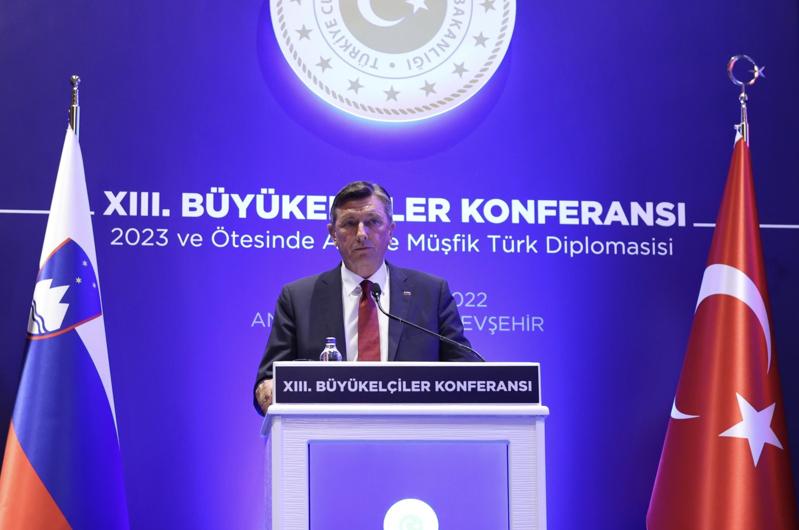 Slovenian President Borut Pahor speaks at the 13th Ambassadors Conference in the capital Ankara, Türkiye, Aug. 9, 2022. (AA)