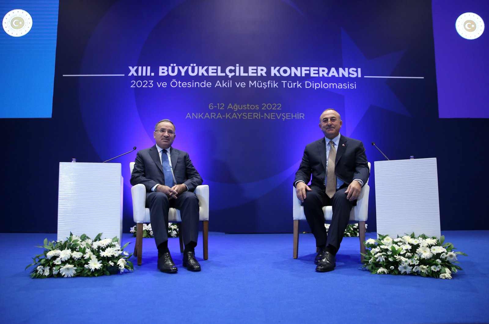 Foreign Minister Mevlüt Çavuşoğlu (R) and Justice Minister Bekir Bozdağ address the 13th Ambassadors Conference in the capital Ankara, Türkiye, Aug. 10, 2022. (AA)