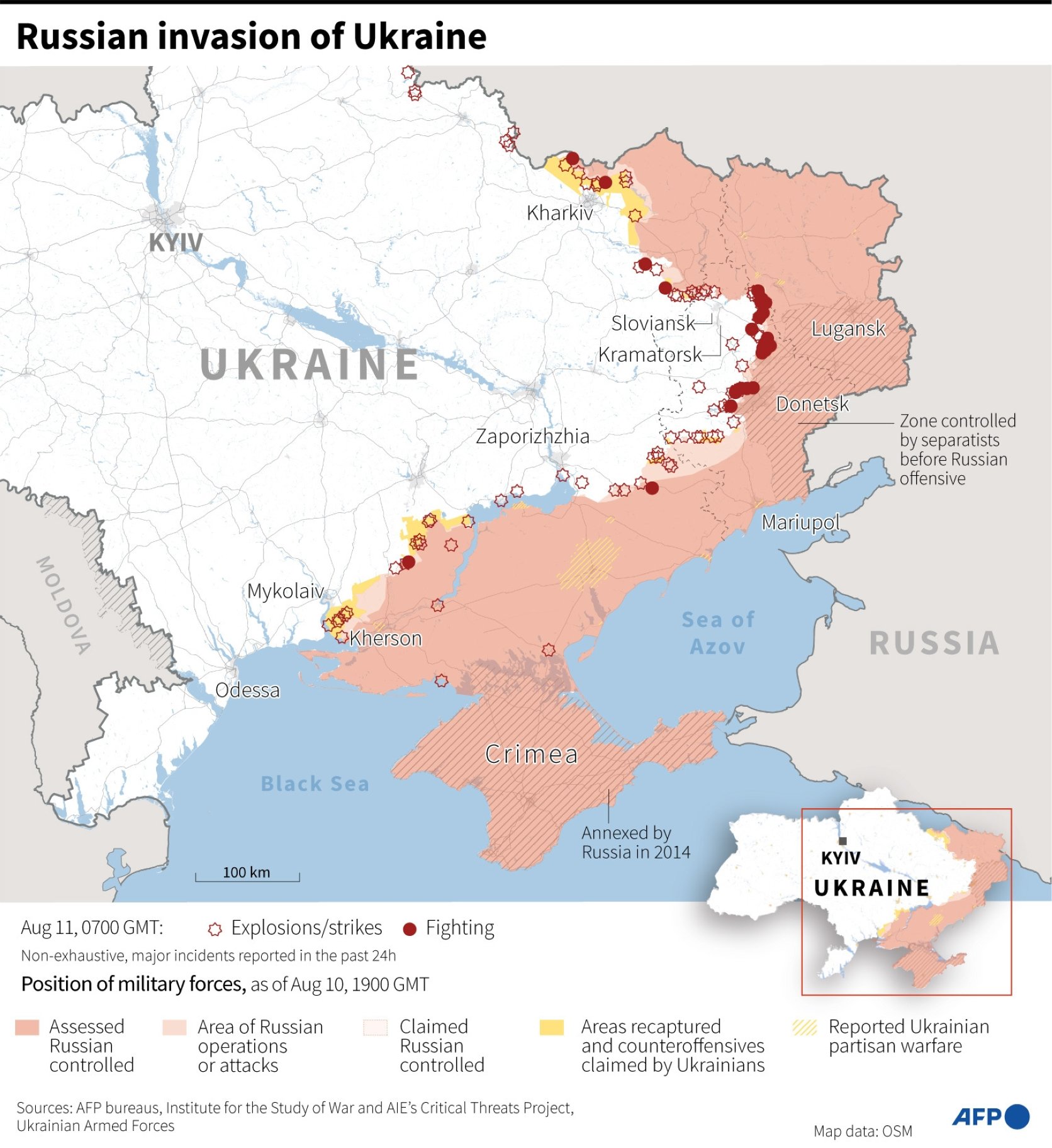 Peta menunjukkan wilayah yang diduduki Rusia sejauh ini di Ukraina.  (AFP)