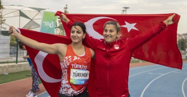 Türkiye's Esra Türkmen (L) and Eda Tuğsuz celebrate winning javelin gold and silver medals a the 5th Islamic Solidarity Games, Konya, Türkiye, Aug. 10, 2022. (AA Photo)