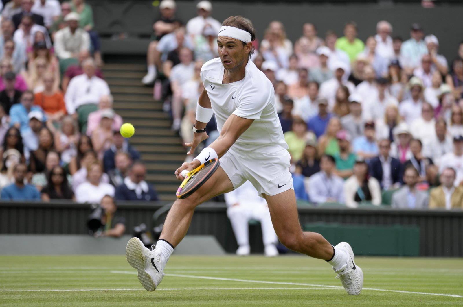 Spain&#039;s Rafael Nadal in actions at the Wimbledon, London, July 6, 2022. (AP Photo)