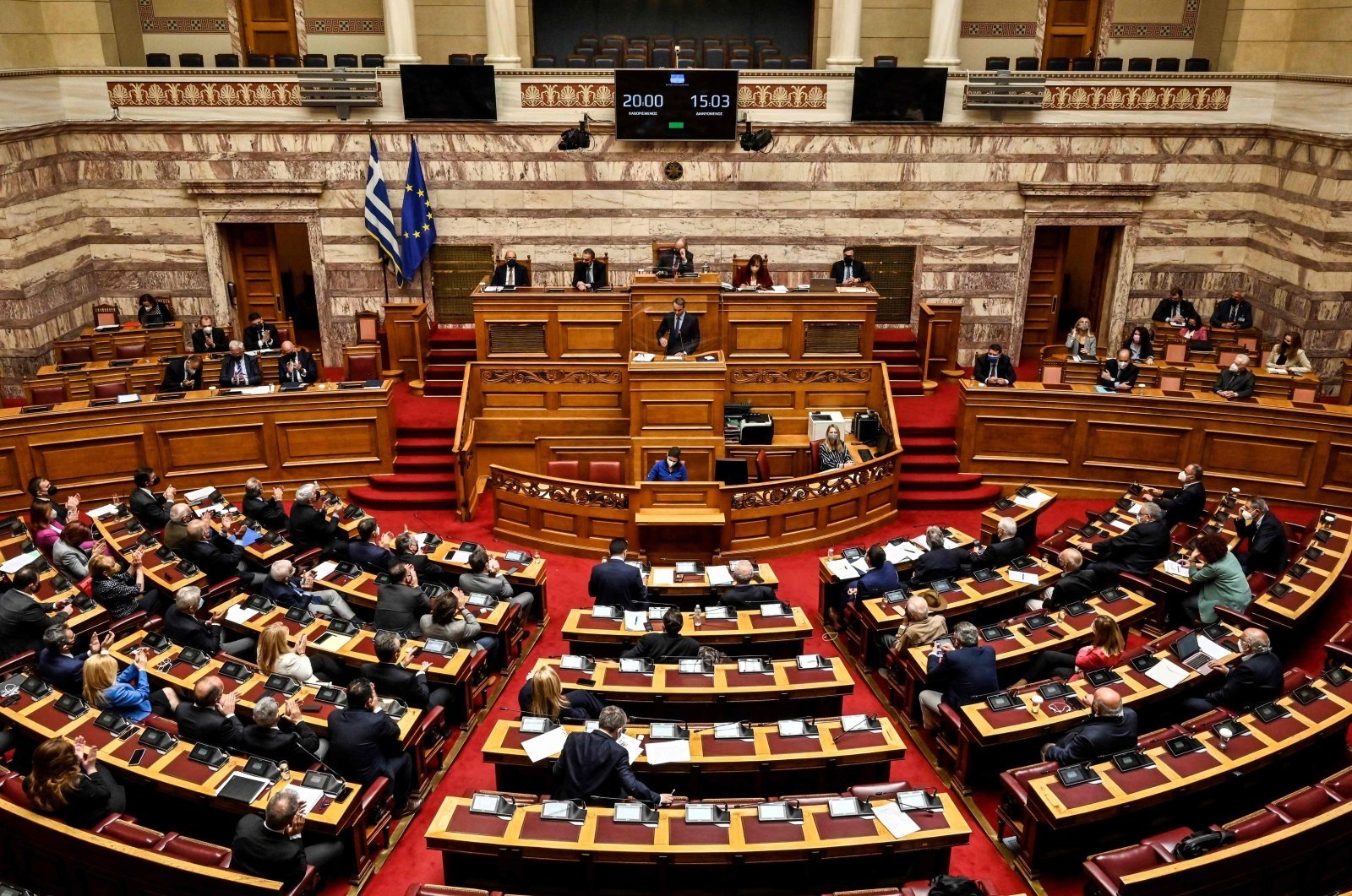Greek Prime Minister Kyriakos Mitsotakis addresses the Hellenic Parliament in Athens, Greece, May 12, 2022. (AFP Photo)