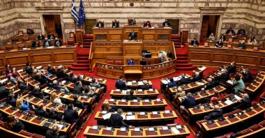 Greek Prime Minister Kyriakos Mitsotakis addresses the Hellenic Parliament in Athens, Greece, May 12, 2022. (AFP Photo)