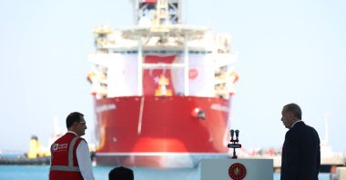 President Recep Tayyip Erdoğan looks at the Abdülhamid Han drillship, the fourth in Türkiye's fleet, in Mersin, Türkiye, Aug. 9, 2022. (AFP Photo)