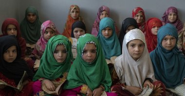 Afghan girls read the Quran in the Noor Mosque outside the city of Kabul, Afghanistan, Aug. 3, 2022. (AP Photo)