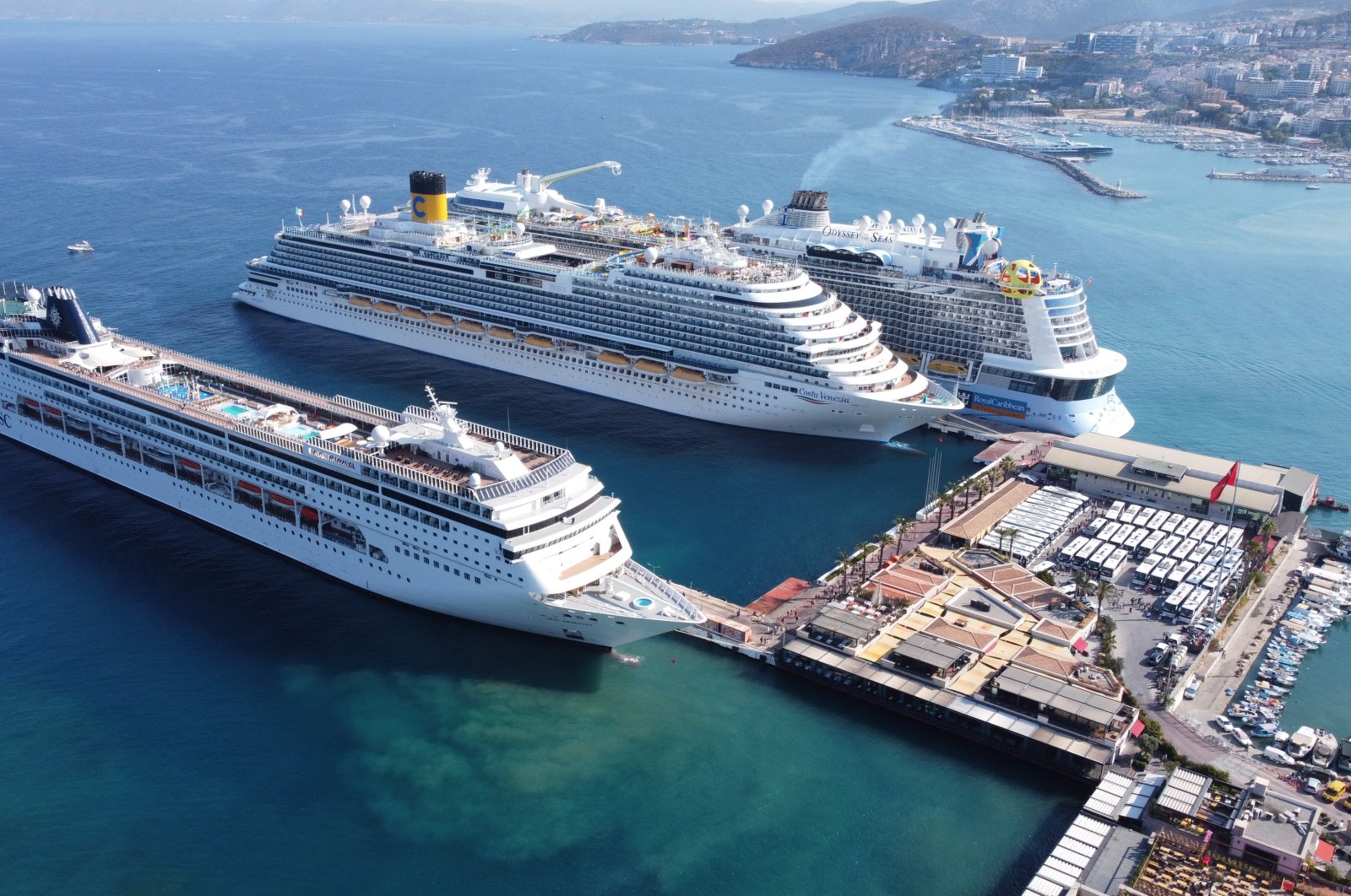 Three cruise ships are seen docked at the Kuşadası Port in Aydın, western Türkiye, Aug. 3, 2022. (AA Photo)