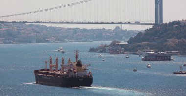 The Maltese-flagged bulk carrier Rojen carrying Ukrainian grain sails through the Bosporus, Istanbul, Türkiye, Aug. 7, 2022. (Reuters Photo)