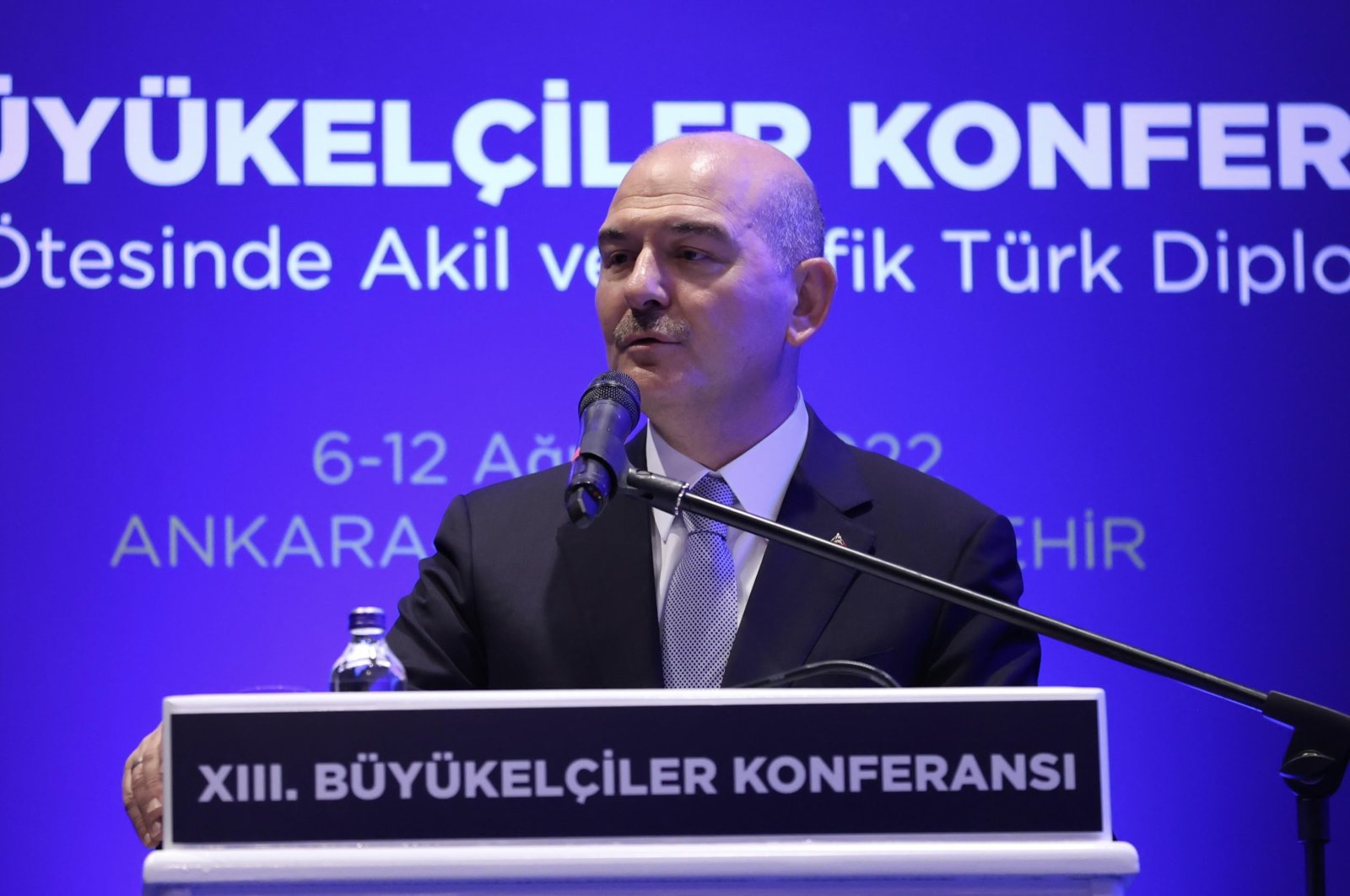 Interior Ministry Süleyman Soylu speaking at the 13th Ambassadors Conference, Ankara, Türkiye, Aug. 9, 2022. (AA Photo)