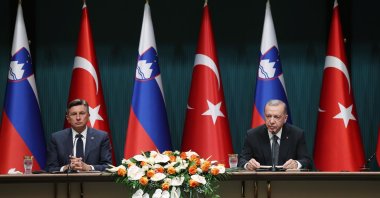 President Recep Tayyip Erdoğan (R) and his Slovenian counterpart Borut Pahor hold a joint press conference in the capital Ankara, Türkiye, Aug. 10, 2022. (DHA Photo)