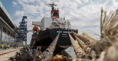 The Lebanese-flagged bulk carrier Brave Commander is seen in the port of Pivdennyi as it is loaded with wheat destined for Ethiopia, in the town of Yuzhny, Odessa region, Ukraine, Aug. 14, 2022. (Reuters Photo)