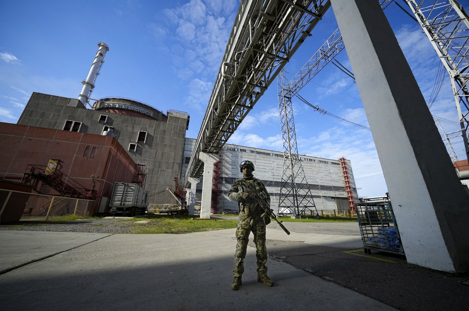 A Russian serviceman guards the Zaporizhzhia Nuclear Power Station, southeastern Ukraine, May 1, 2022. (AP Photo)