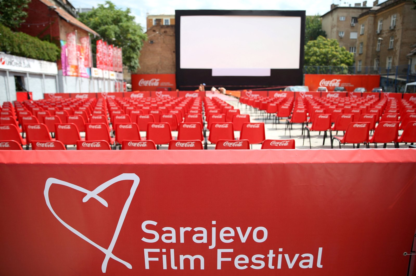 The Sarajevo Film Festival logo is pictured at the Open Air Cinema in Sarajevo, Bosnia-Herzegovina, Aug. 9, 2021. (Reuters Photo)