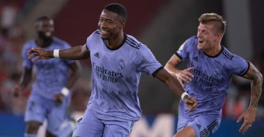 Real's David Alaba celebrates scoring in a La Liga match against Almeria, Almeria, Spain, Aug. 14, 2022. (AFP Photo)