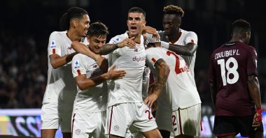 Roma players celebrate a goal in a Serie A match against Salernitana, Salerno, Italy, Aug. 14, 2022. (EPA Photo)