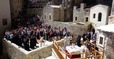 People attend the religious service at Sümela Monastery, in Trabzon, northern Türkiye, Aug. 15, 2022. (DHA Photo)