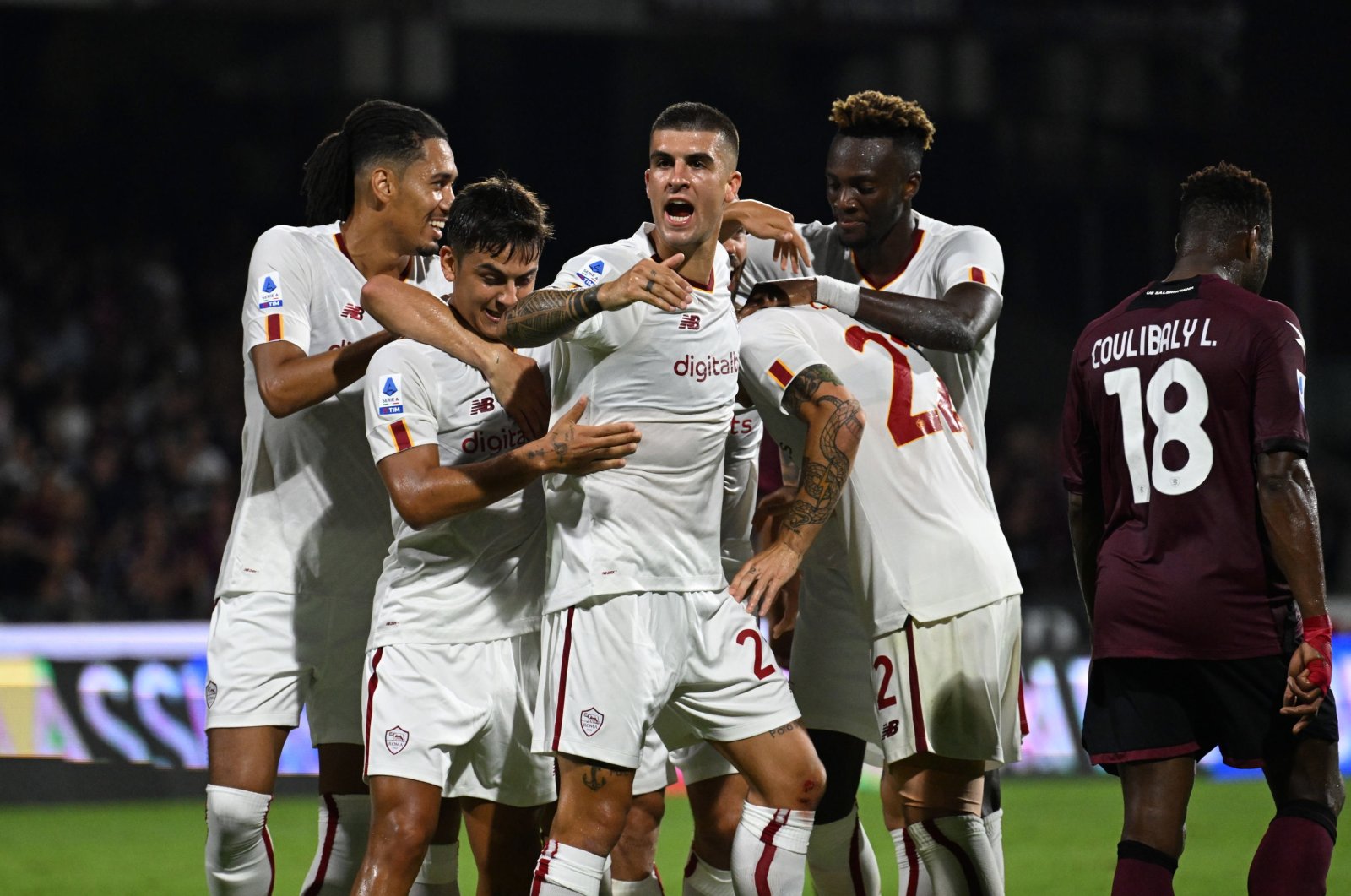 Roma players celebrate a goal in a Serie A match against Salernitana, Salerno, Italy, Aug. 14, 2022. (EPA Photo)