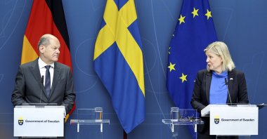 German Chancellor Olaf Scholz and Swedish Prime Minister Magdalena Andersson holds a joint news conference in Stockholm, Tuesday, Aug. 16, 2022. (Henrik Montgomery/TT News Agency via AP)