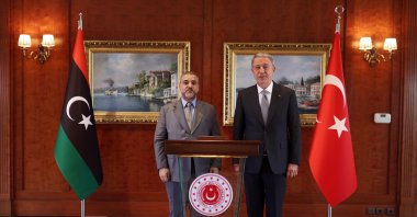 Defense Minister Hulusi Akar (R) with the head of the Libya&#039;s High Council of State Khalid al-Mishri in Ankara, Türkiye, Tuesday, Aug. 16, 2022. (DHA Photo)