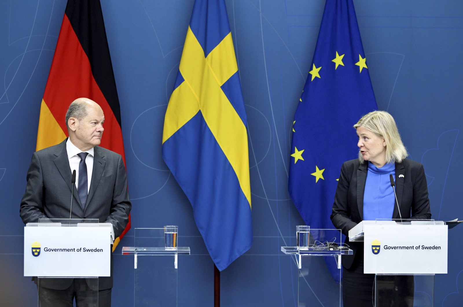 German Chancellor Olaf Scholz and Swedish Prime Minister Magdalena Andersson holds a joint news conference in Stockholm, Tuesday, Aug. 16, 2022. (Henrik Montgomery/TT News Agency via AP)