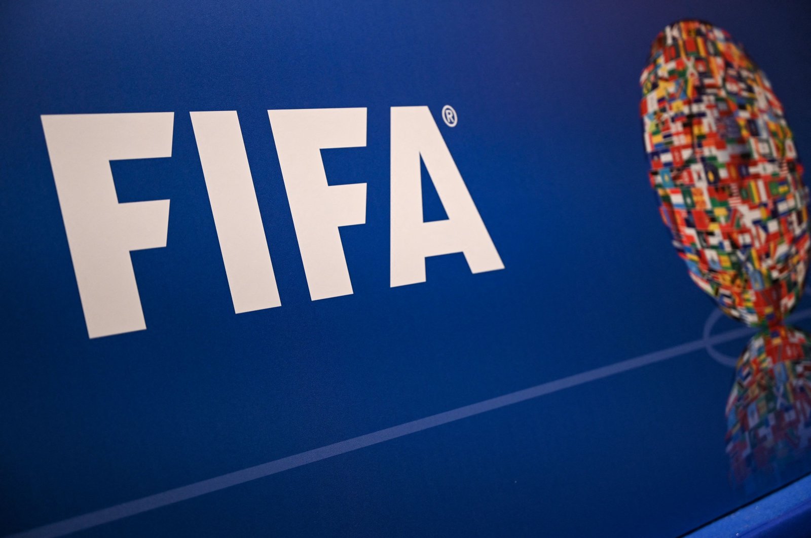 The FIFA logo is seen at a press event in Istanbul, Türkiye, Aug. 15, 2022. (AFP Photo)