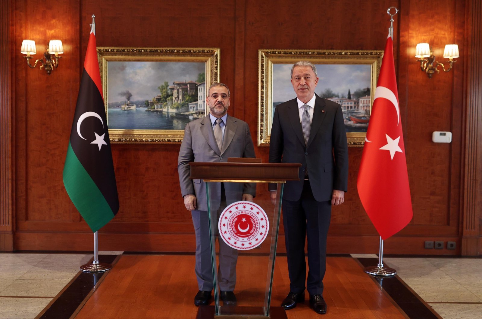 Defense Minister Hulusi Akar (R) with the head of the Libya&#039;s High Council of State Khalid al-Mishri in Ankara, Türkiye, Tuesday, Aug. 16, 2022. (DHA Photo)