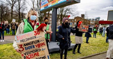 Demonstrators stage a protest against racism at a police station in Rotterdam, the Netherlands, March 28, 2021. (Reuters File Photo)