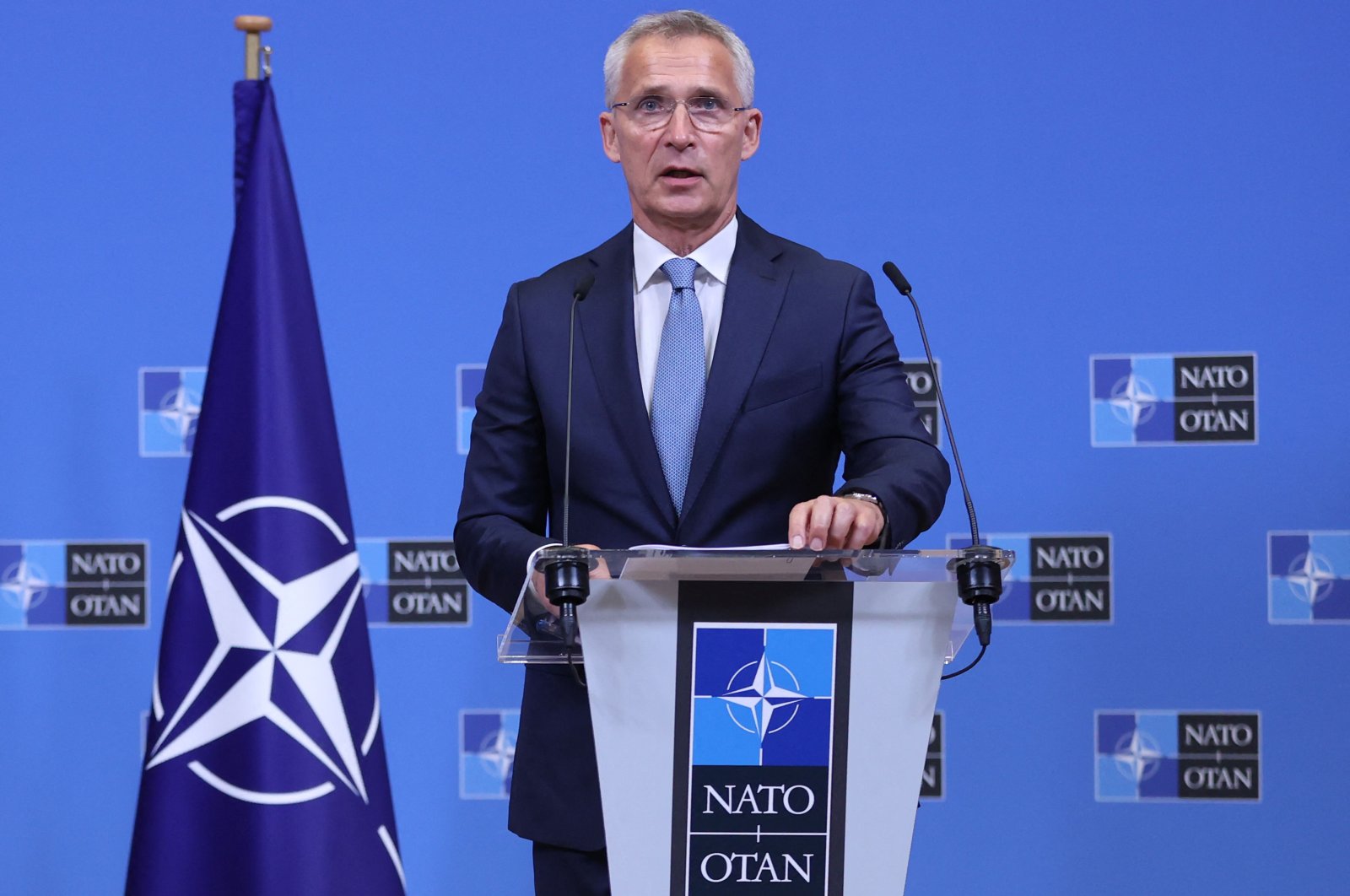 NATO Secretary-General Jens Stoltenberg holds a press conference at the NATO headquarters in Brussels, Belgium, Aug. 17, 2022. (AFP Photo)