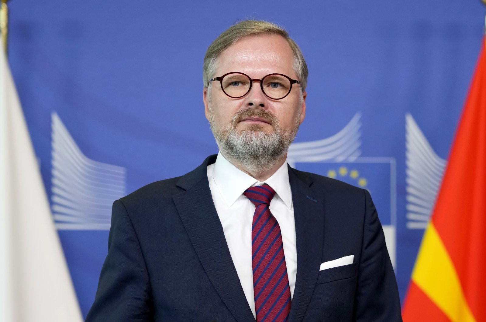The Czech Republic&#039;s Prime Minister Petr Fiala pauses before speaking as he addresses a media conference at the EU headquarters in Brussels, Belgium, July 19, 2022. (AP Photo)