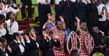 Local artists entertain politicians allied to the various political coalitions and parties along with observers who have gathered at the National Tallying Center in Nairobi, Kenya, Aug. 15, 2022. (AFP Photo)