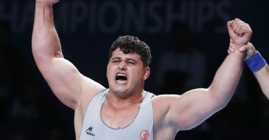 Rıza Kayaalp celebrates winning the men's Greco-Roman 130kg Wrestling World Championships final, Nur-Sultan, Kazakhstan, Sept. 17, 2019. (AP Photo)