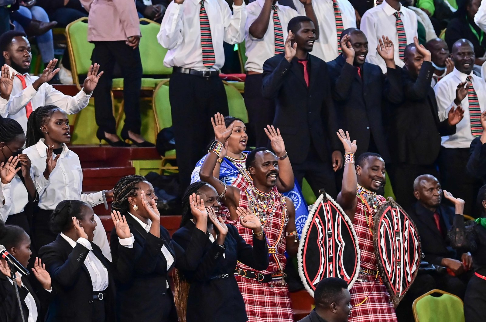 Local artists entertain politicians allied to the various political coalitions and parties along with observers who have gathered at the National Tallying Center in Nairobi, Kenya, Aug. 15, 2022. (AFP Photo)