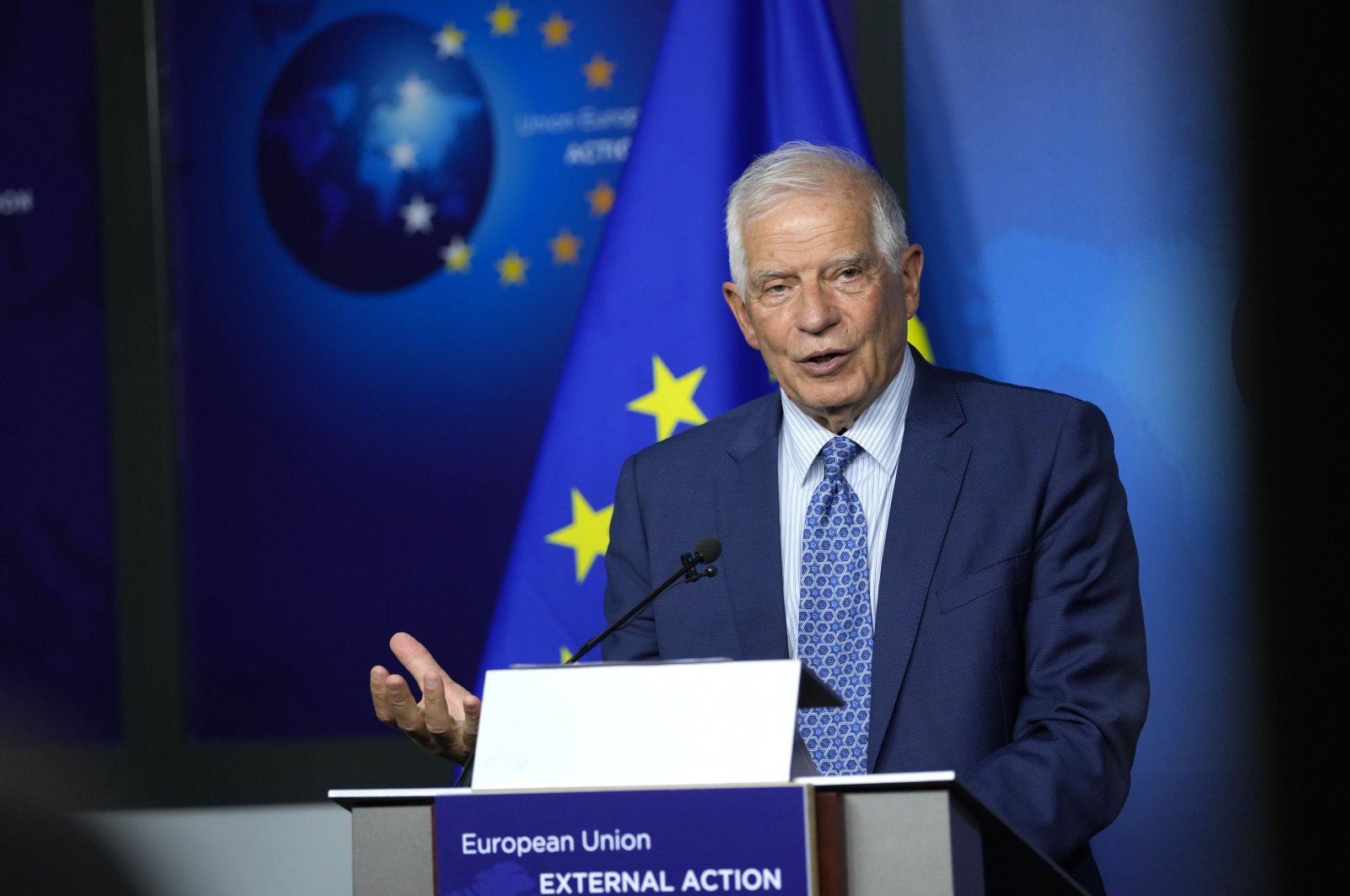 European Union foreign policy chief Josep Borrell speaks during a media conference after a meeting with Serbian President Aleksandar Vucic and Kosovo&#039;s Prime Minister Albin Kurti in Brussels on Thursday, Aug. 18, 2022. (AP Photo)