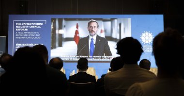 Presidential Communications Director Fahrettin Altun speaks at the "United Nations (UN) Security Council Reform" event organized by Türkiye's Directorate of Communications in London, England, Aug.18, 2022. (AA Photo)