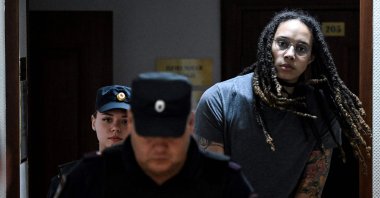 WNBA player Brittney Griner (R) arrives at the court, Khimki, Russia, Aug. 04, 2022. (AFP Photo)