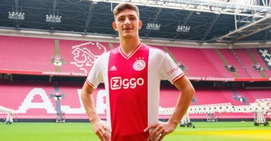 Turkish defender Ahmetcan Kaplan poses in an Ajax shirt, Amsterdam, the Netherlands, Aug. 19, 2022. (DHA Photo)