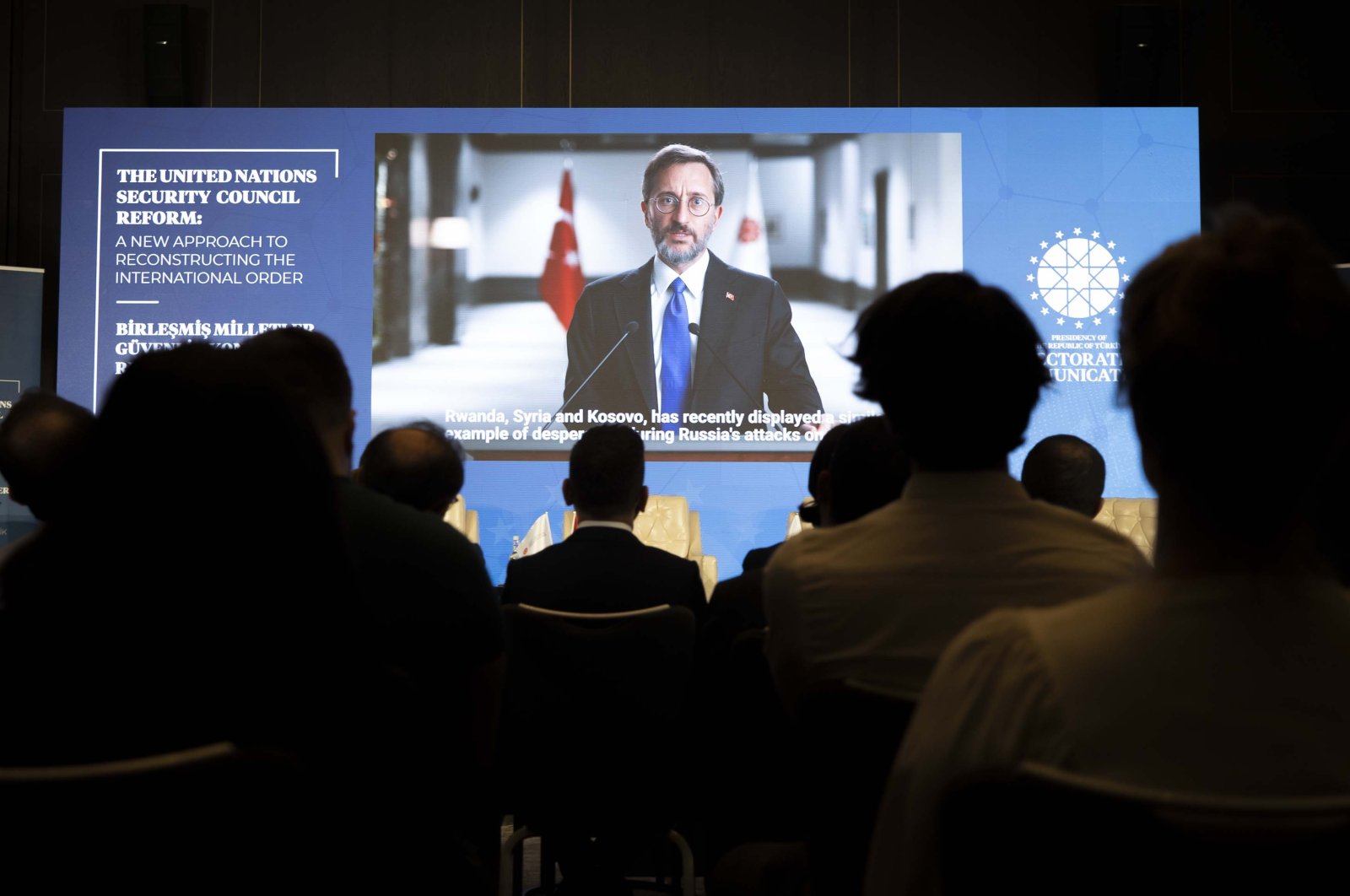Presidential Communications Director Fahrettin Altun speaks at the &quot;United Nations (UN) Security Council Reform&quot; event organized by Türkiye&#039;s Directorate of Communications in London, England, Aug.18, 2022. (AA Photo)