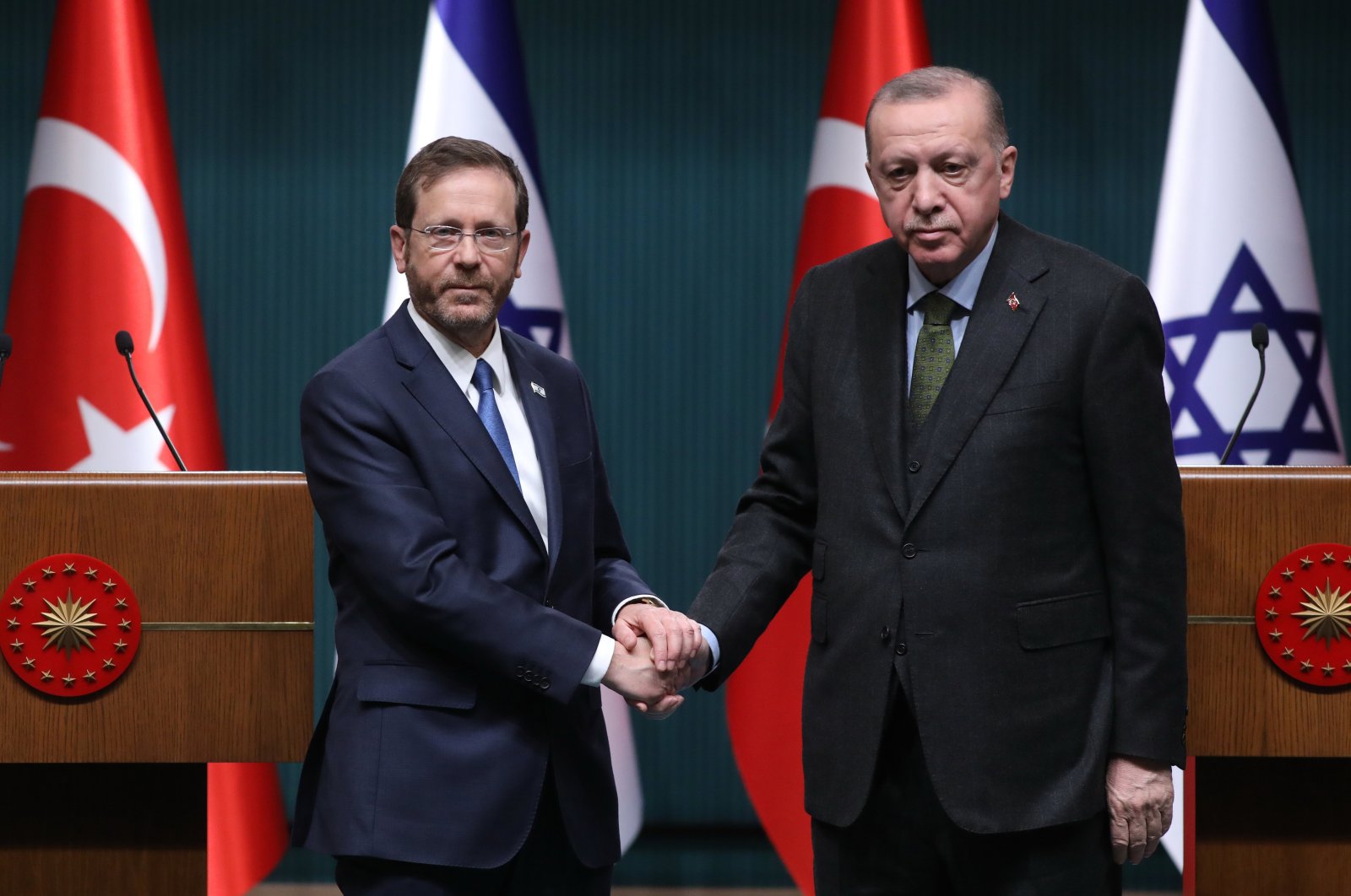 President Recep Tayyip Erdoğan and Israeli President Isaac Herzog attend a press conference after their meeting in Ankara, Turkey, March 9, 2022. (EPA Photo)