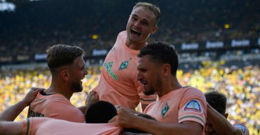 Werder Bremen players celebrate their third goal in the Bundesliga football match between Borussia Dortmund and SV Werder Bremen in Dortmund, western Germany, Aug. 20, 2022. (AFP Photo)