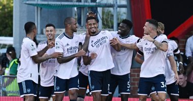 Arsenal players celebrate their third goal against AFC Bournemouth during Premier League match at Vitality Stadium, in Bournemouth, U.K., Aug. 20, 2022. (Reuters Photo)
