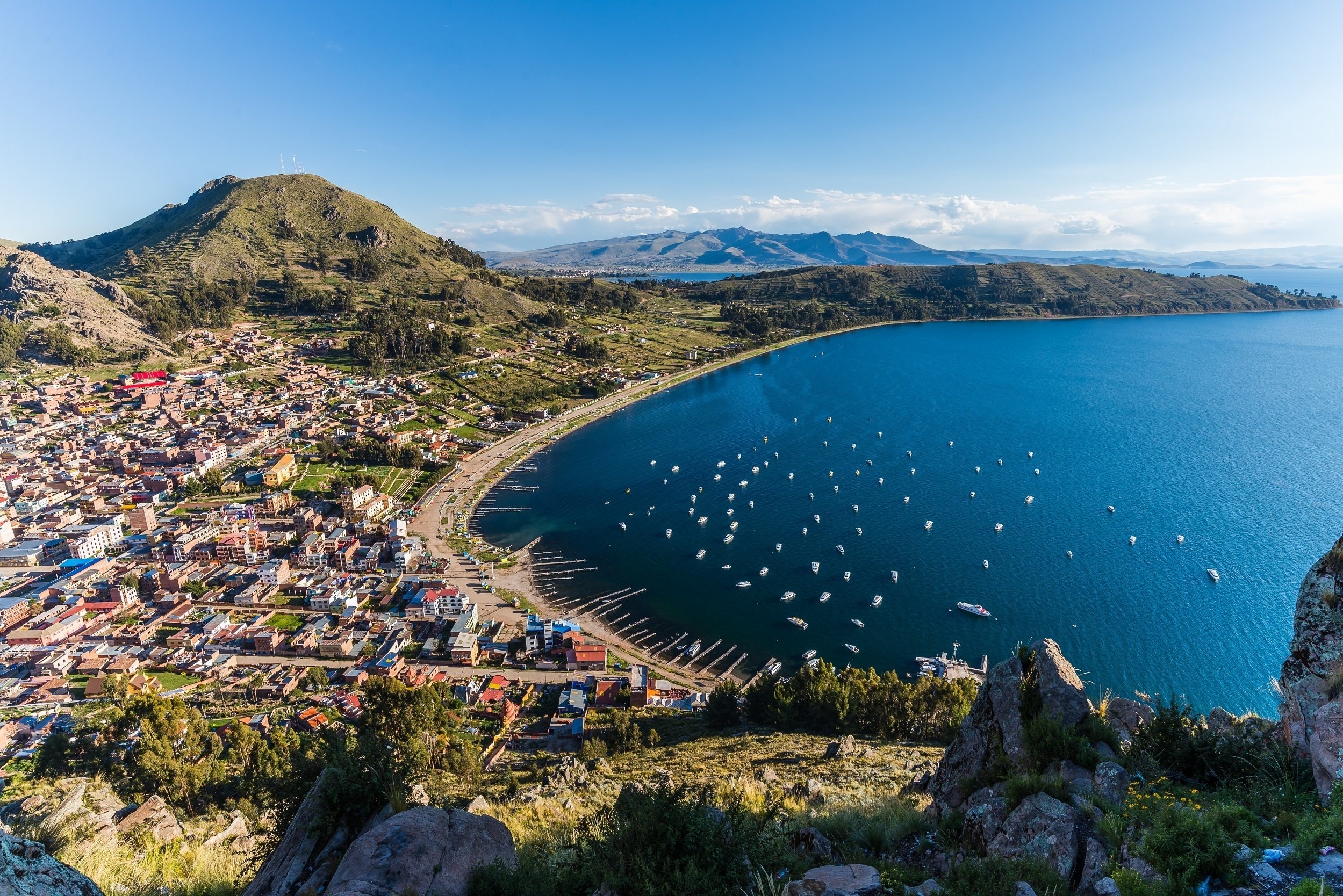 Lake Titicaca is a large, deep freshwater lake in the Andes Mountains on the border of Bolivia and Peru. (Shutterstock) 