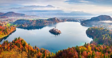 An aerial view of the Church of Assumption of Maria on Bled Lake. (Shutterstock)