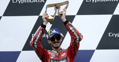 Ducati&#039;s Francesco Bagnaia celebrates on the podium, Austrian MotoGP, Spielberg, Austria, Aug. 21, 2022. (Reuters Photo)