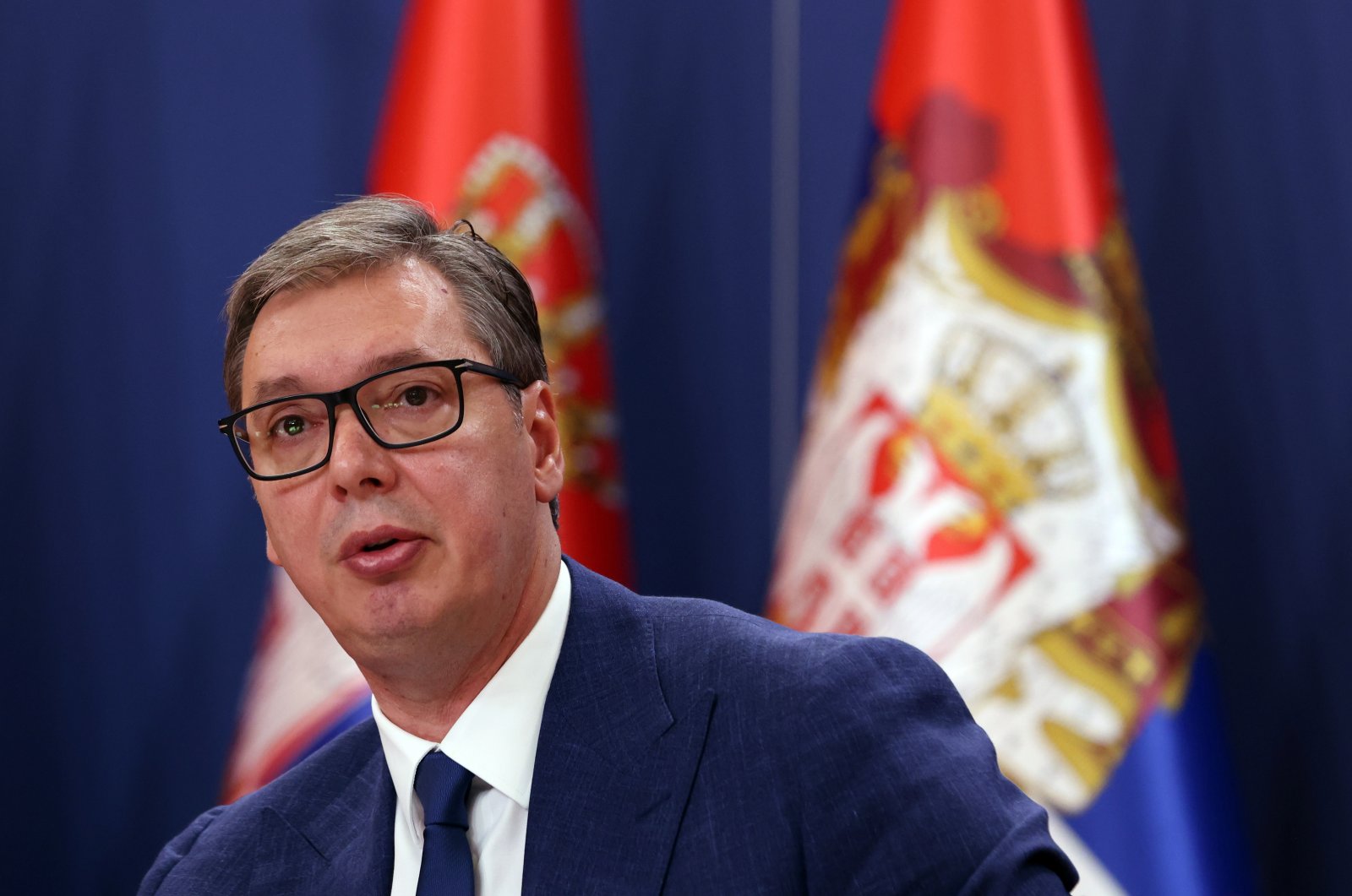 Serbian President Aleksandar Vucic speaks during a news conference in Belgrade, Serbia, Aug. 21, 2022. (EPA Photo)