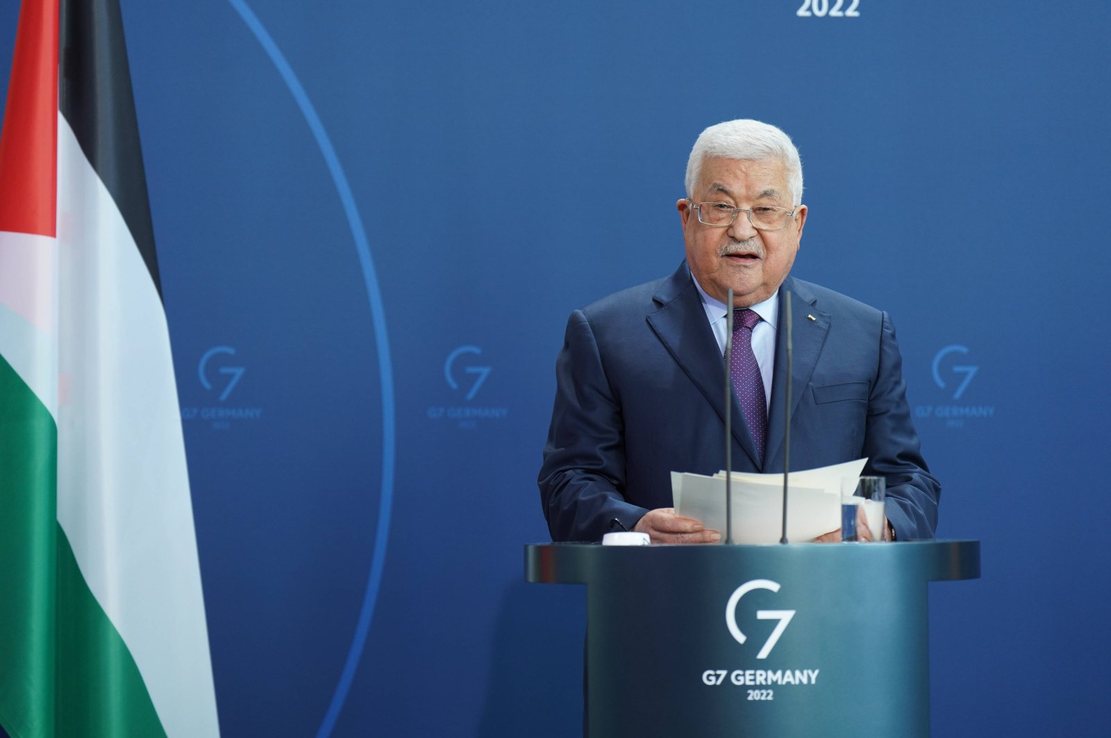 Palestinian President Mahmoud Abbas speaks in a joint news conference after talks with German Chancellor Olaf Scholz in Berlin, Germany, Aug. 16, 2022. (Reuters Photo)