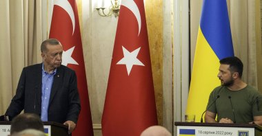 President Recep Tayyip Erdoğan and Ukrainian President Volodymyr Zelenskyy speak to the media during a press conference with United Nations Secretary-General Antonio Guterres in Lviv, Ukraine, Aug, 18, 2022. (AP Photo)