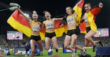 Germany athletes celebrate winning gold in the Women's 4X100-meter relay at the European Championships, Munich, Germany, Aug. 21, 2022. (AP Photo)