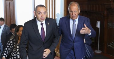 Serbia's Interior Minister Aleksandar Vulin (L) and Russia's Foreign Minister Sergey Lavrov walk during their meeting in Moscow, Russia, Aug. 22, 2022. (Russian Foreign Ministry Press Service via AP)