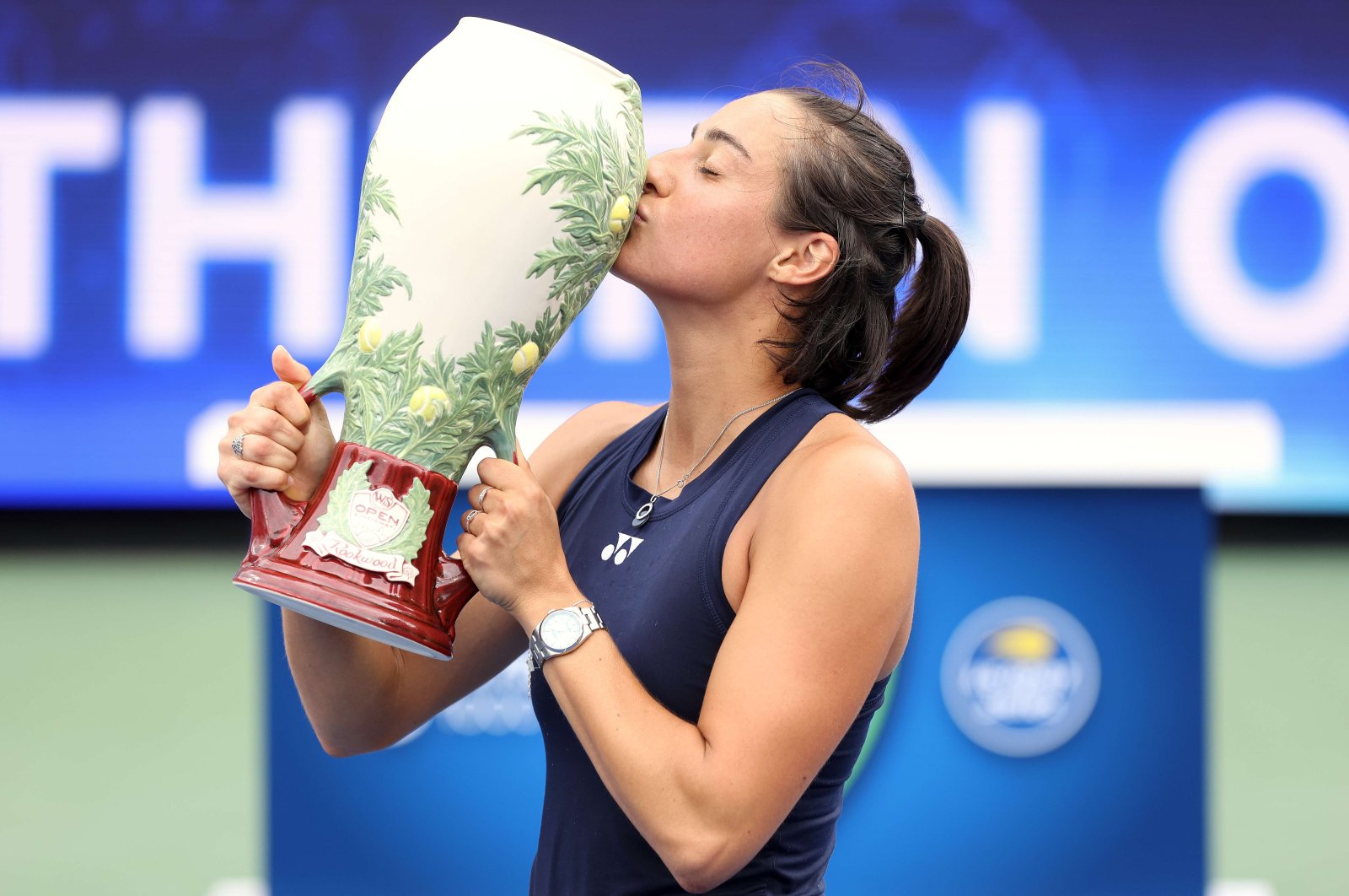 France&#039;s Caroline Garcia celebrates defeating Czech Republic&#039;s Petra Kvitova in the Western &amp; Southern Open final, Mason, Ohio, U.S., Aug. 21, 2022.