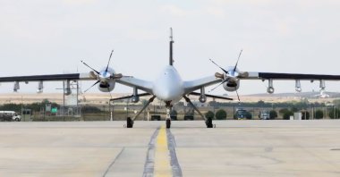 Combat drone Akıncı is seen loaded with domestic ammunitions in this screen grab from a video shared on Aug. 22, 2022.