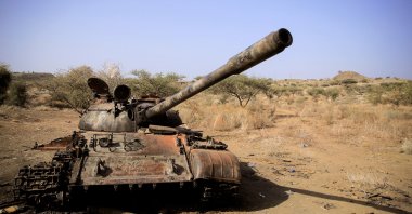 A destroyed tank is seen in a field in the aftermath of fighting between the Ethiopian National Defence Force (ENDF) and the Tigray People's Liberation Front (TPLF) forces in Kasagita town, in Afar region, Ethiopia, Feb. 25, 2022. (Reuters Photo)